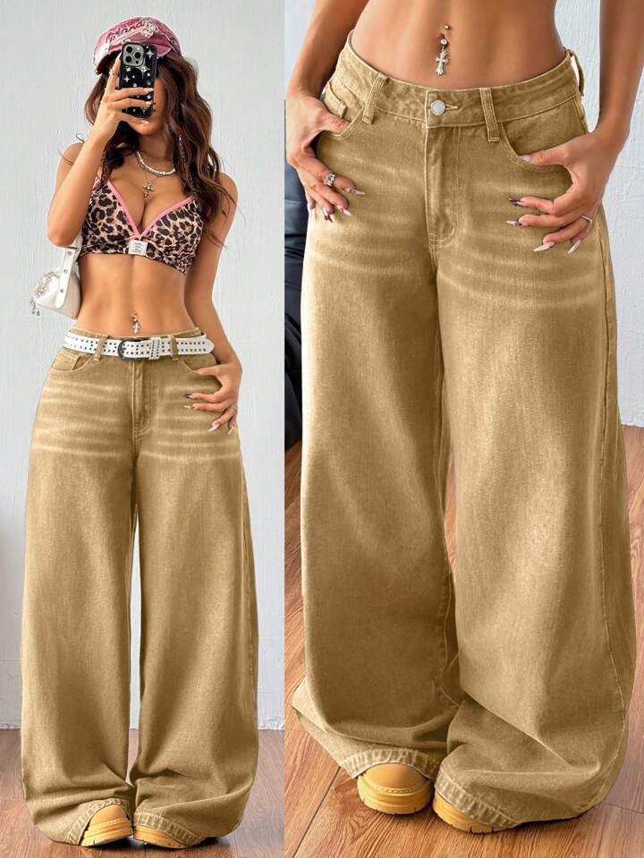 Khaki Leisure Cargo Washed Loose Straight Jeans