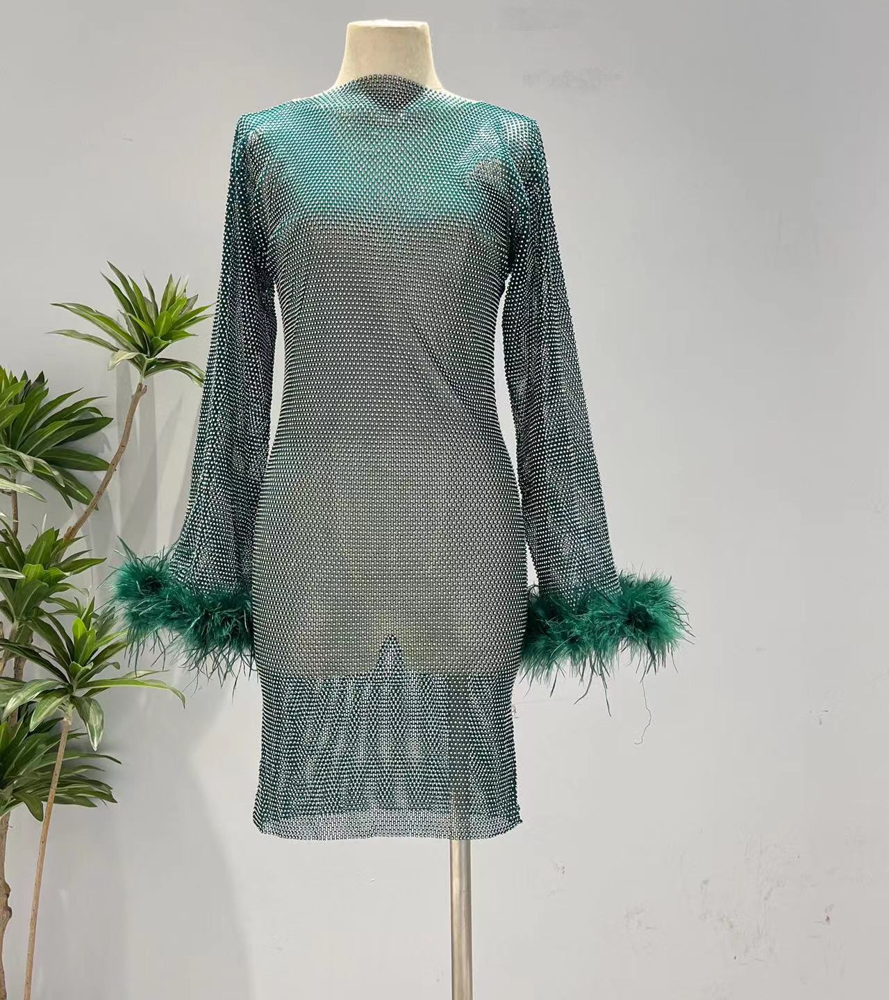 Fashion Luxury Hollow Mesh Ostrich Feather Slimming Bottoming Dresses