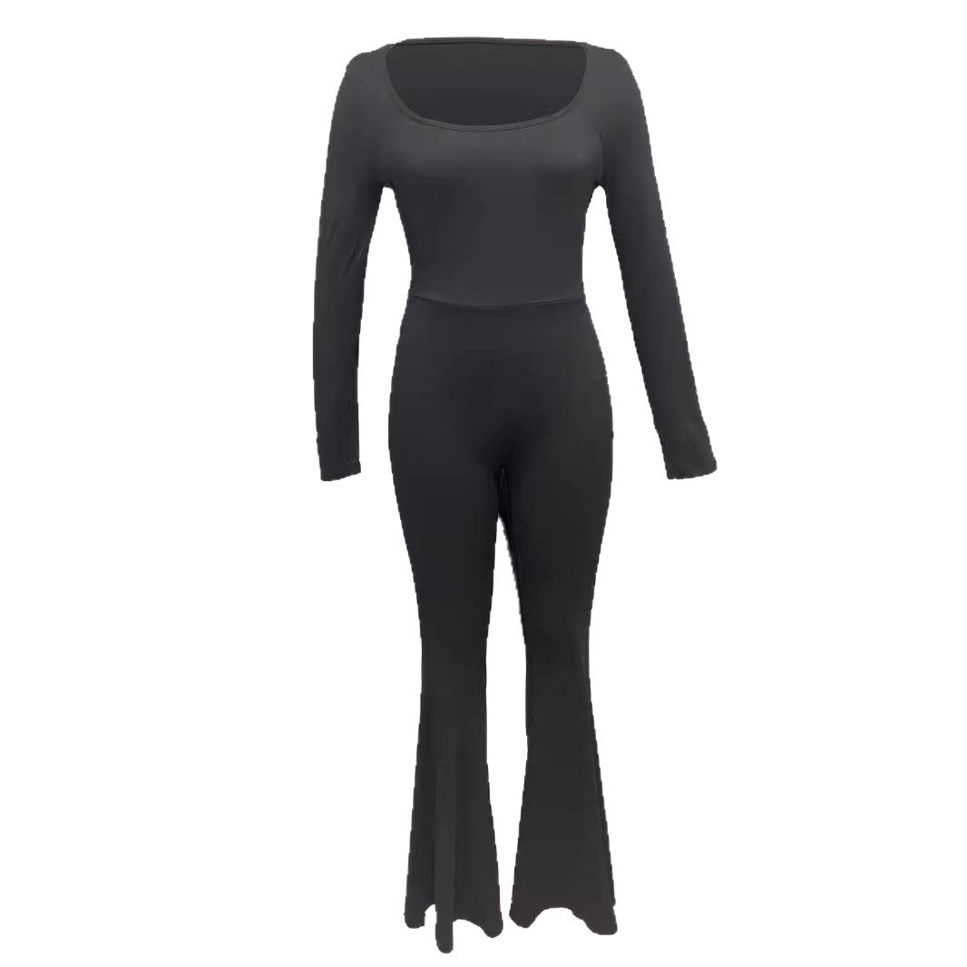 Women's Square Collar Long Sleeve Flared Tight Women's Jumpsuit/clothing