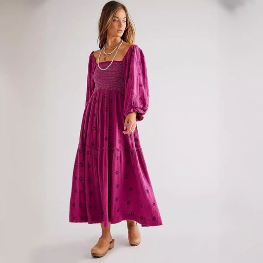 Autumn Casual Bell Sleeve Smocking Embroidered Square Dresses