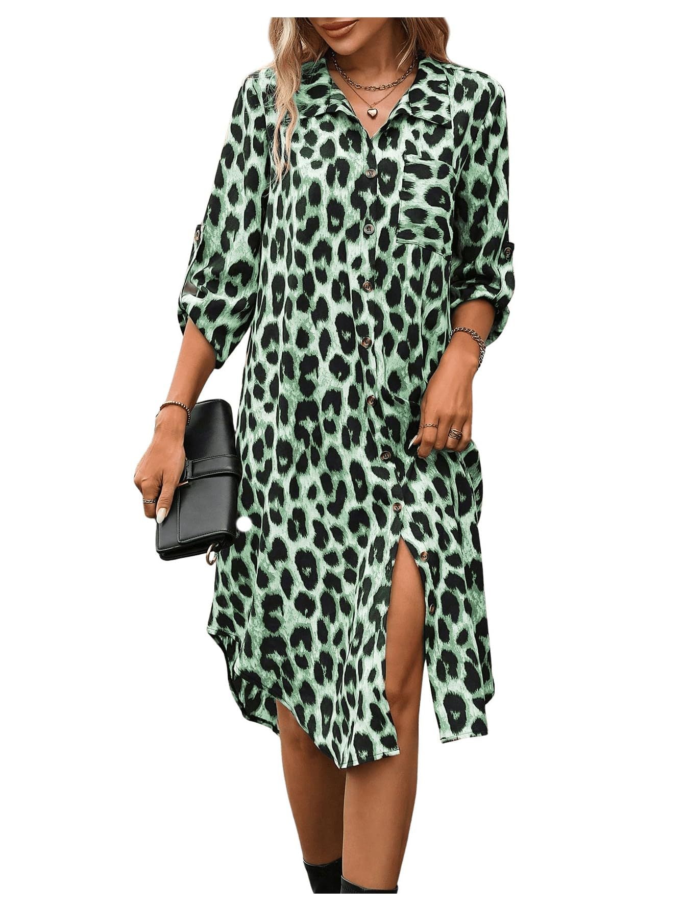 Women's Leopard Print Sleeve Shirt Woven Loose Fashion Ladies Slit Dress
