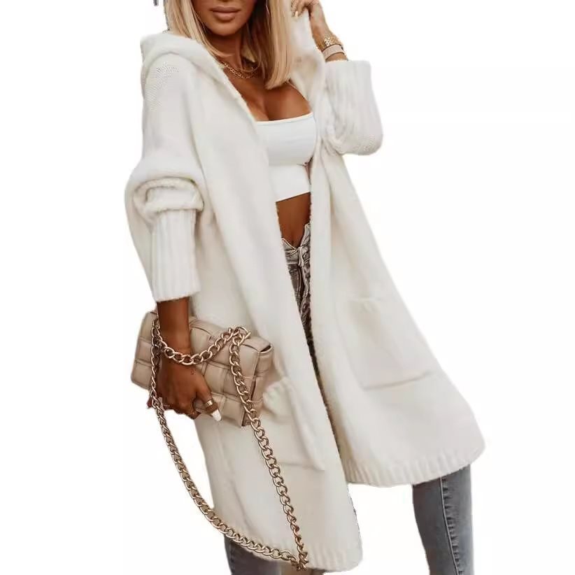Classy Lapel Hooded Long Wool Loose Sweaters