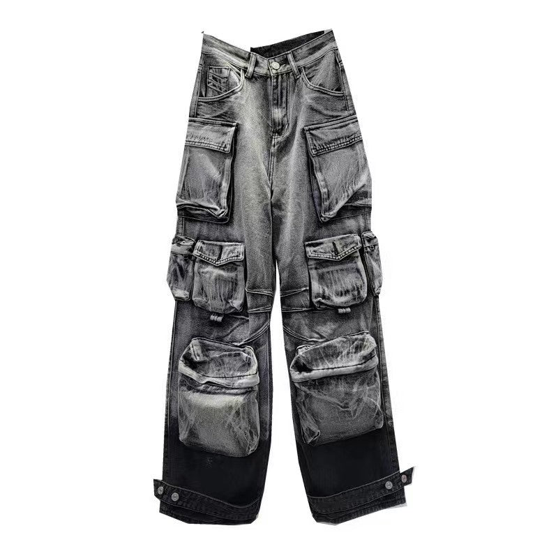 Women's Fried Street Large Pocket Design Washed Gradient Tooling Jeans