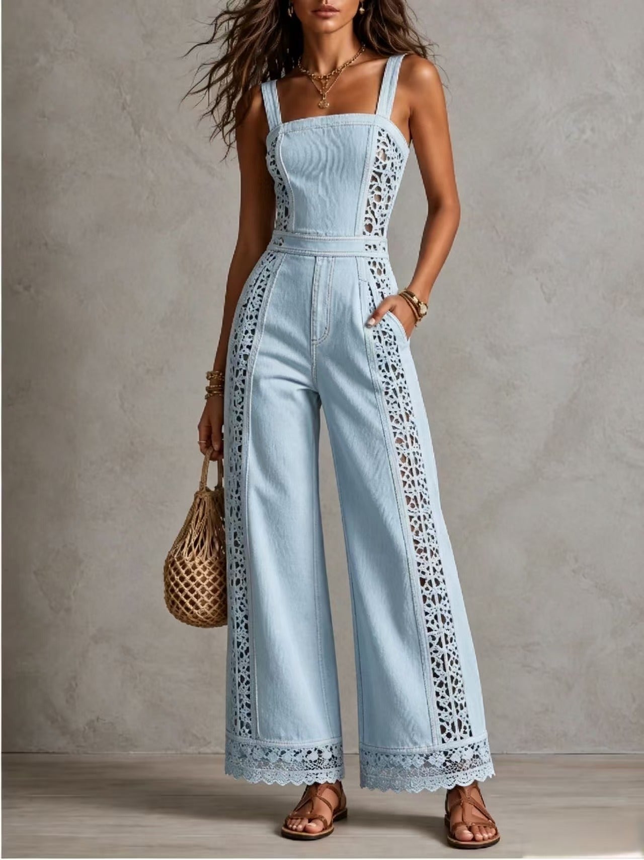 Women's Vacation Style Hollow Crochet Denim Lace Ruffled High Waist Wide Women's Jumpsuit/clothing