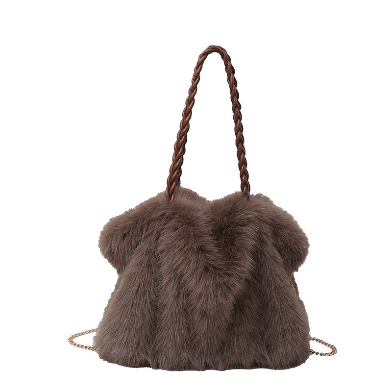 Women's Fashion Pleated Imitation Fox Fur Large Shoulder Bags