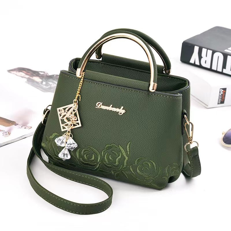 Women's Fashion Simple Embroidery Line Crystal Pendant Small Square Bags
