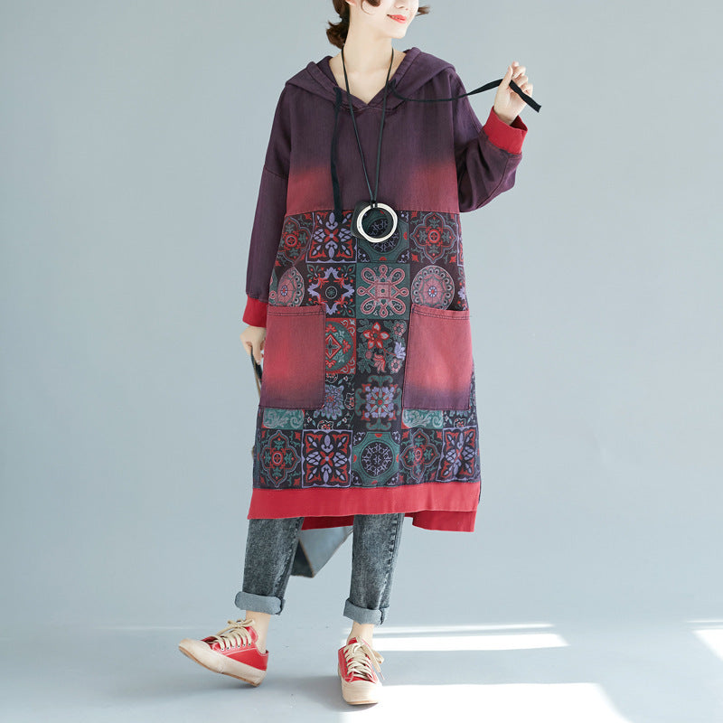 Mid-length Hooded Large Washed Distressed Casual Dress Dresses