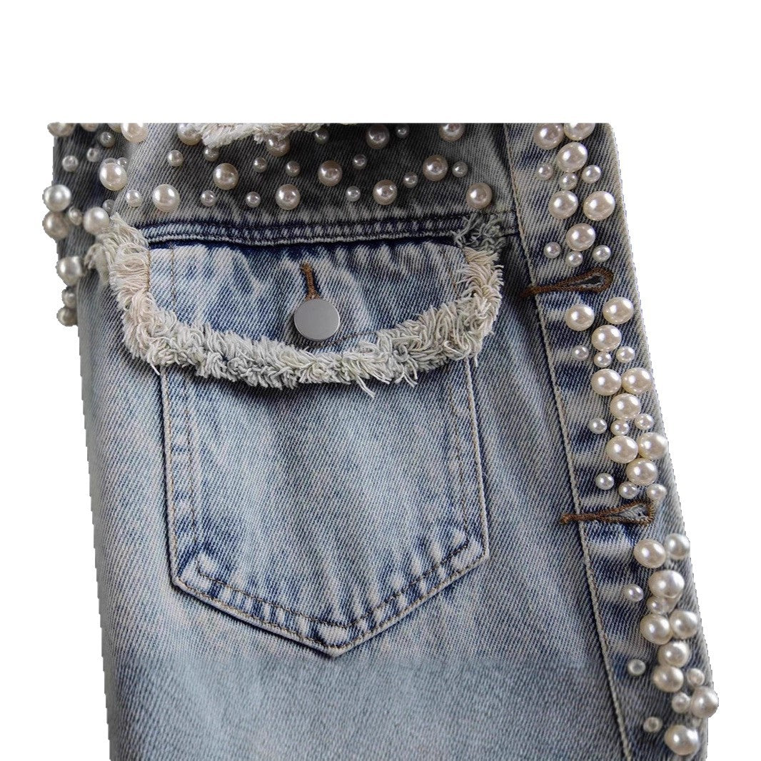 Women's Design Washed Denim Autumn Beaded Fashion Jackets