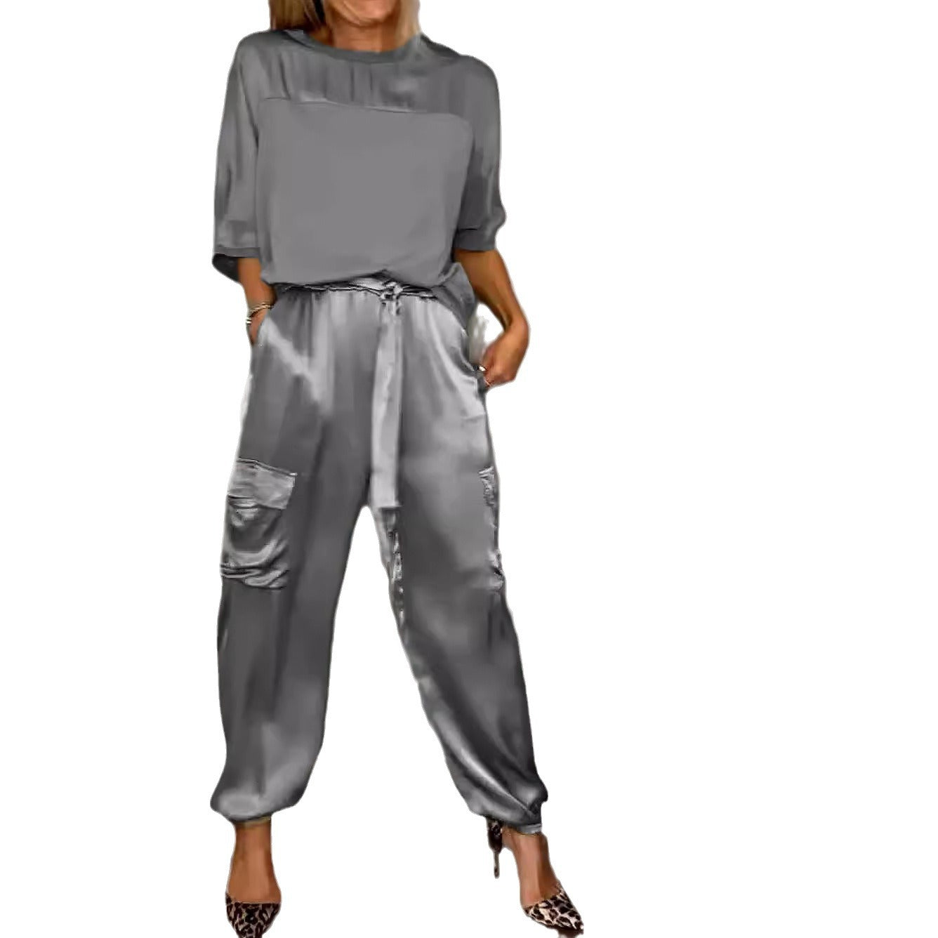 Women's Fashion Smooth Satin Half Sleeve Two-piece Suits