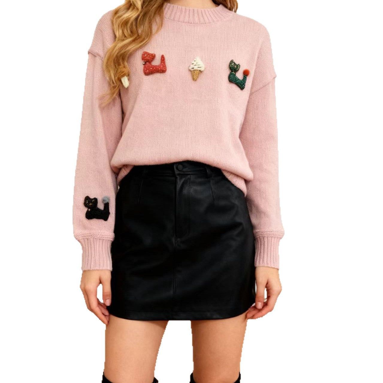 Casual Lazy Atmosphere Pink Crew Neck Sweaters
