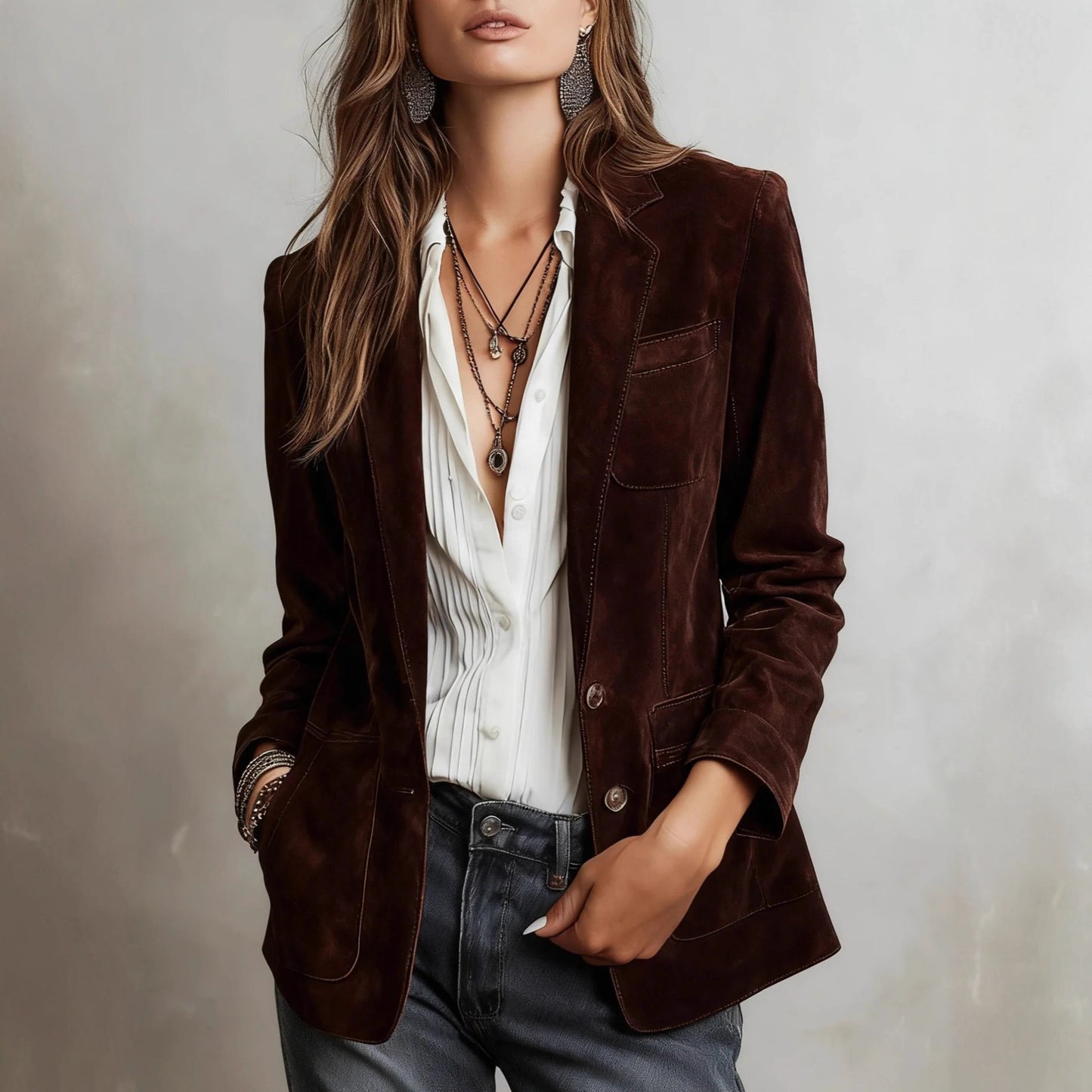 Women's Autumn Elegant Brown Suede With Pockets Coats