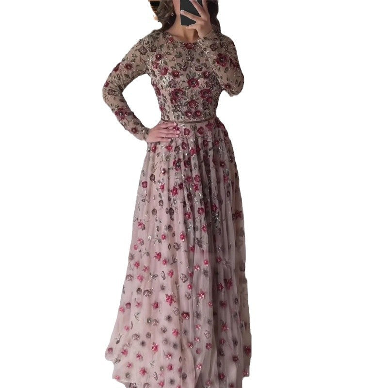 Slimming Mid-length Long Sleeve Three-dimensional Flower Dresses