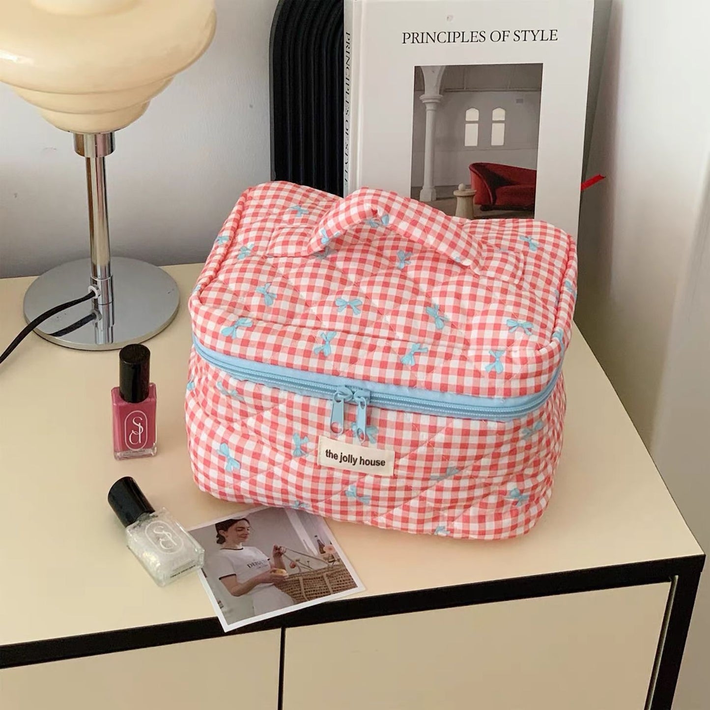 Plaid Bow Large Capacity Sweet Quilted Cosmetic Bags