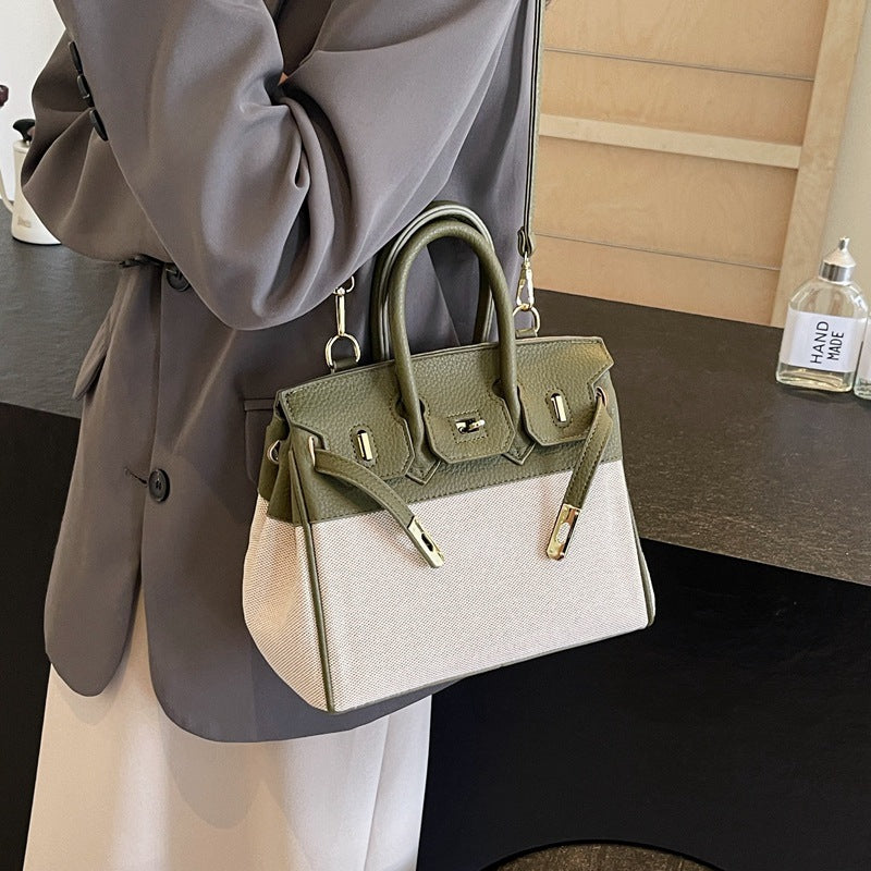 Women's Trendy Summer Lychee Pattern Canvas Contrast Shoulder Bags