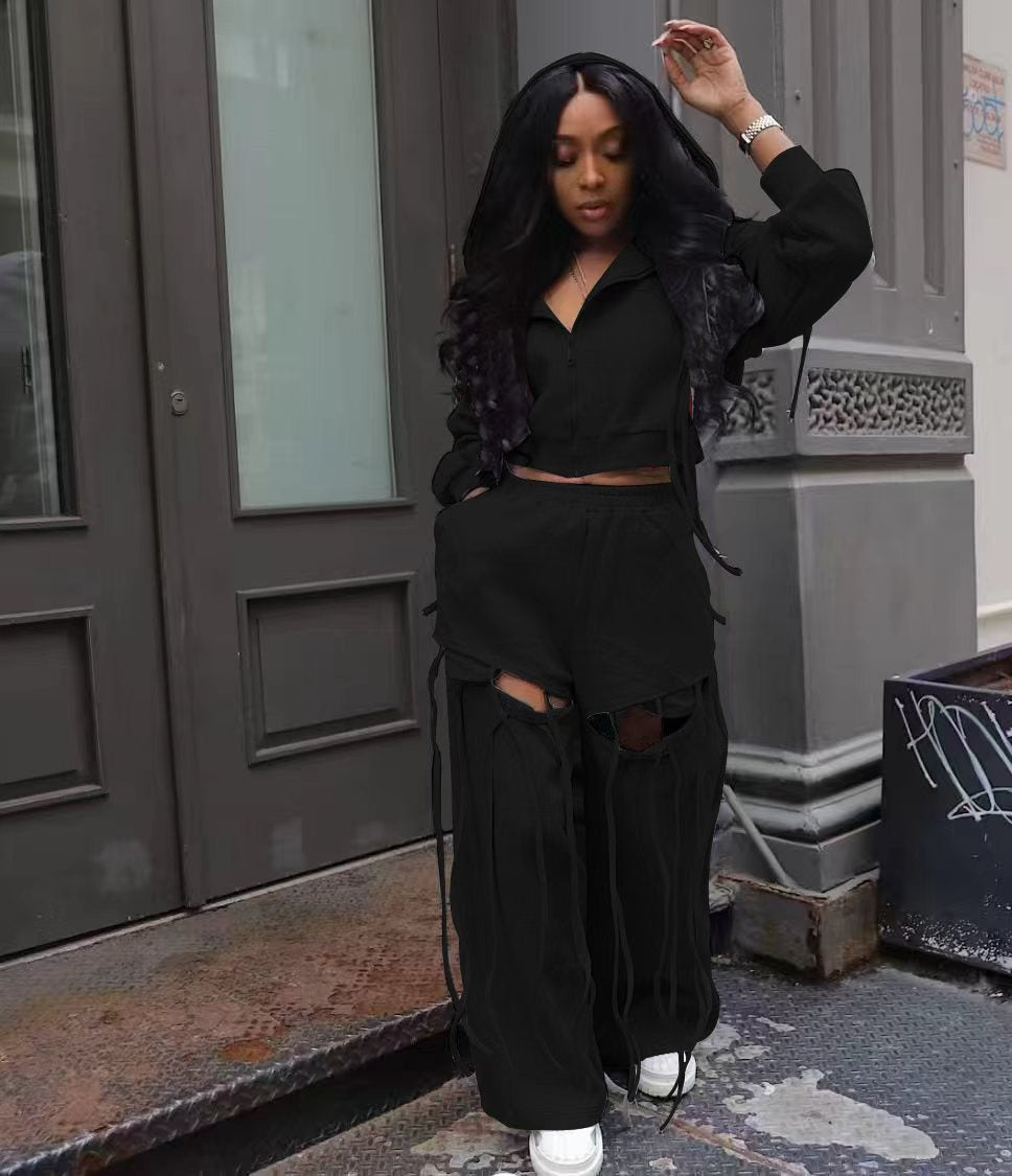 Women's Fashion Loose Hole Wide Leg Versatile Personality Hooded Suits