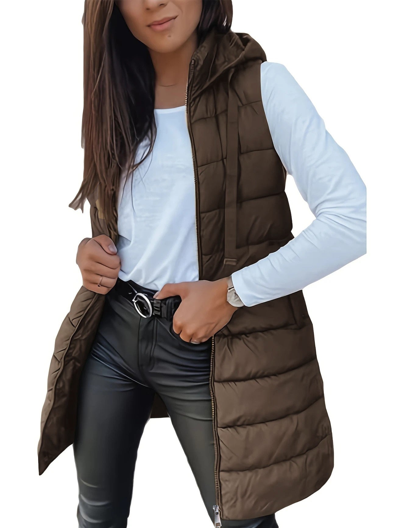 Women's Solid Color Hooded Zipper Cotton Mid-length Vests