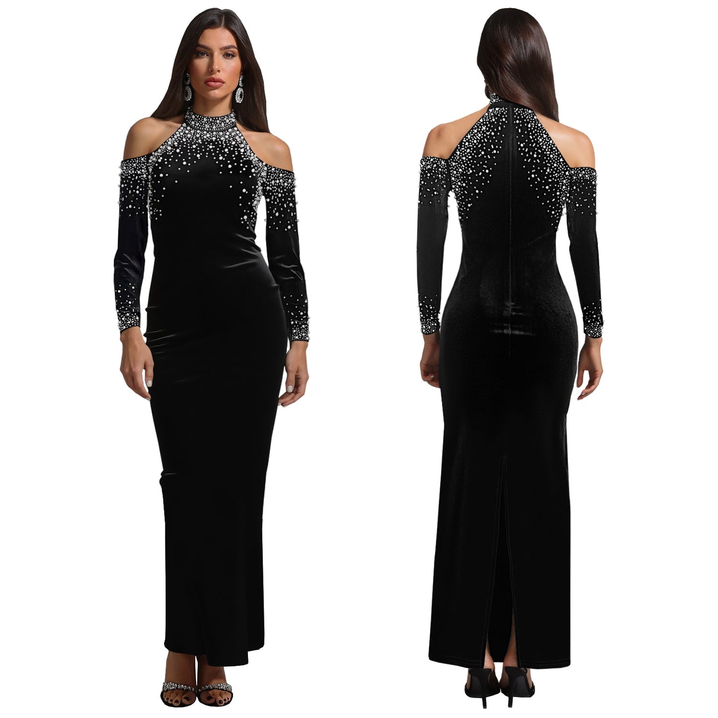 Women's Elegant Rhinestone Bubble Beads Arm Covering Dresses