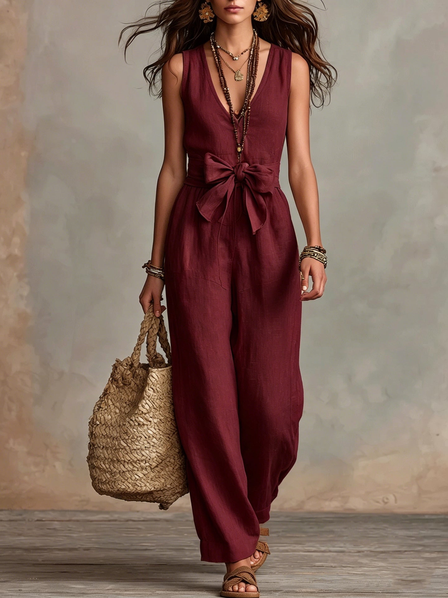 Women's Cotton Linen Sleeveless Bow Waist Wide Women's Jumpsuit/clothing