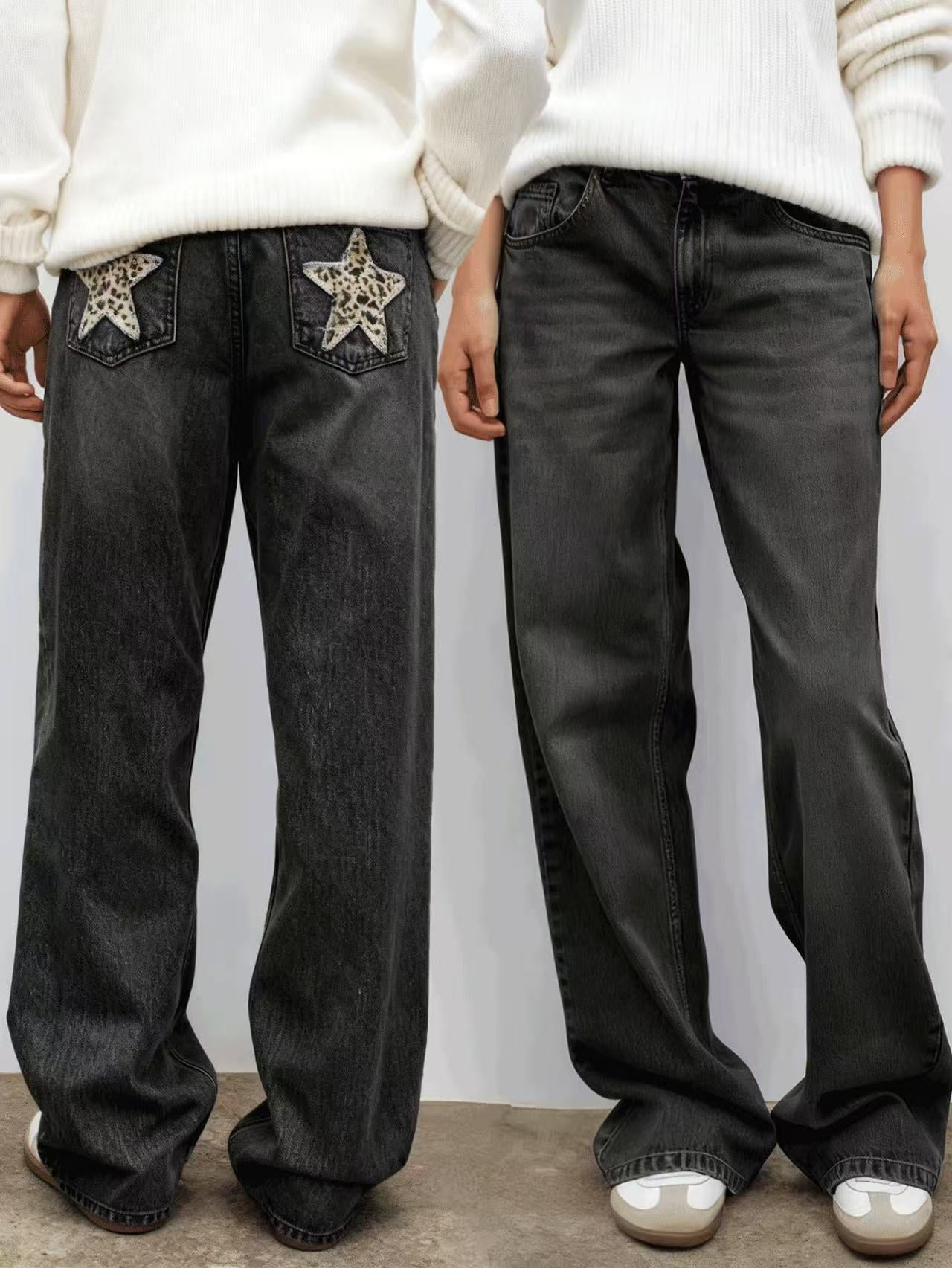 Women's Fashion Leopard Print Pocket Design Women's Jeans