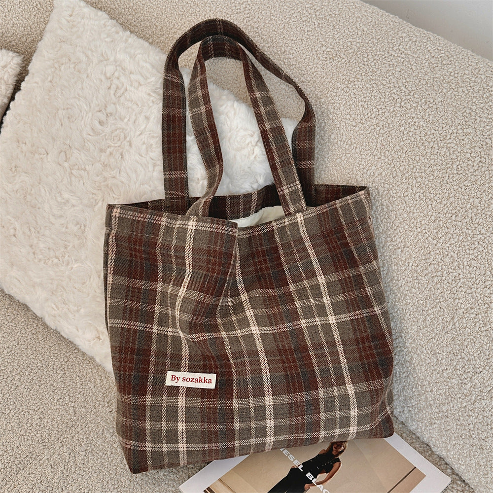 Women's Large Capacity Vintage Woolen Plaid Portable Shoulder Bags