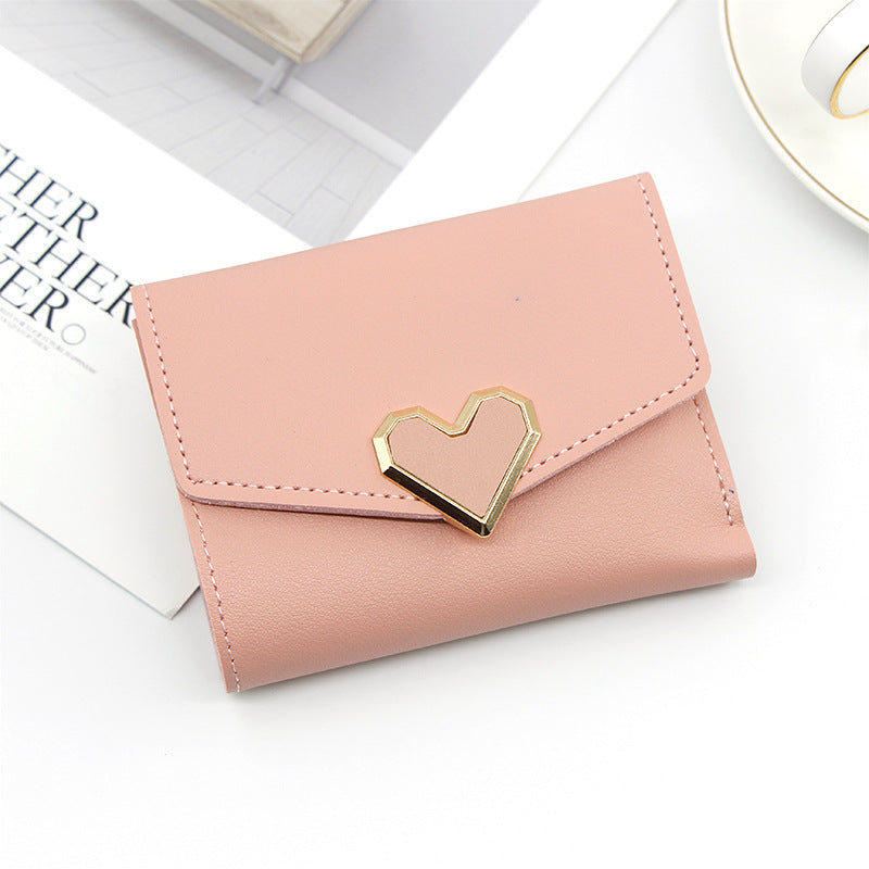 Women's Solid Color Short Embroidered Love Three-fold Ladies Wallets