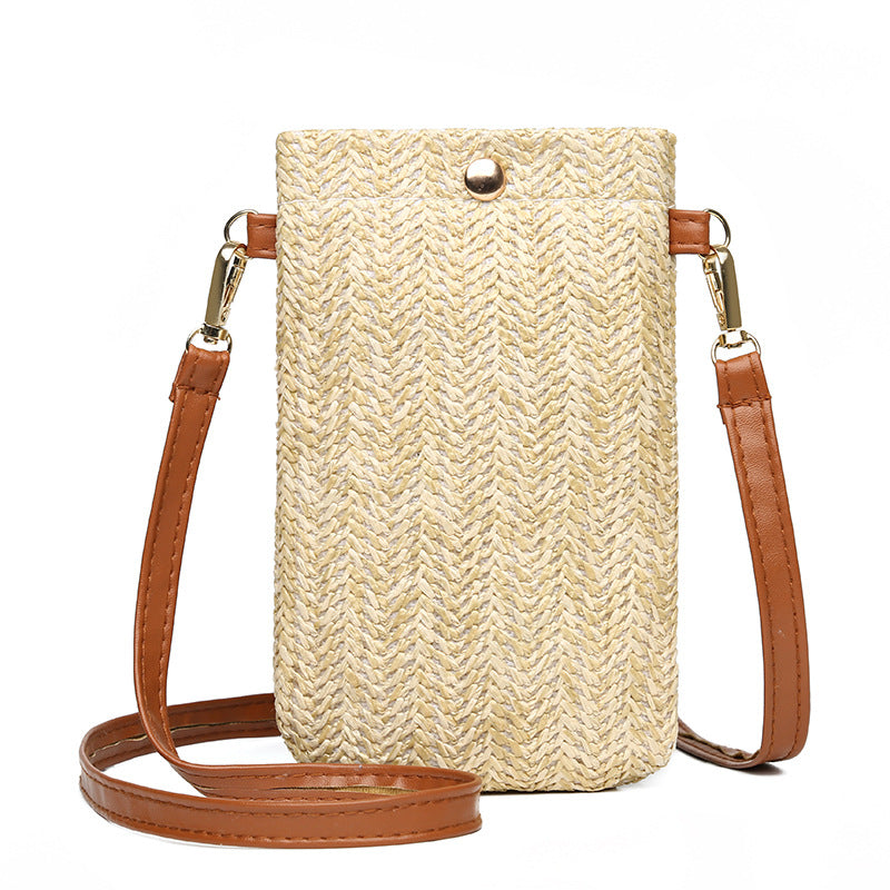 Women's Summer Beach Woven Vertical Mobile Straw Shoulder Bags