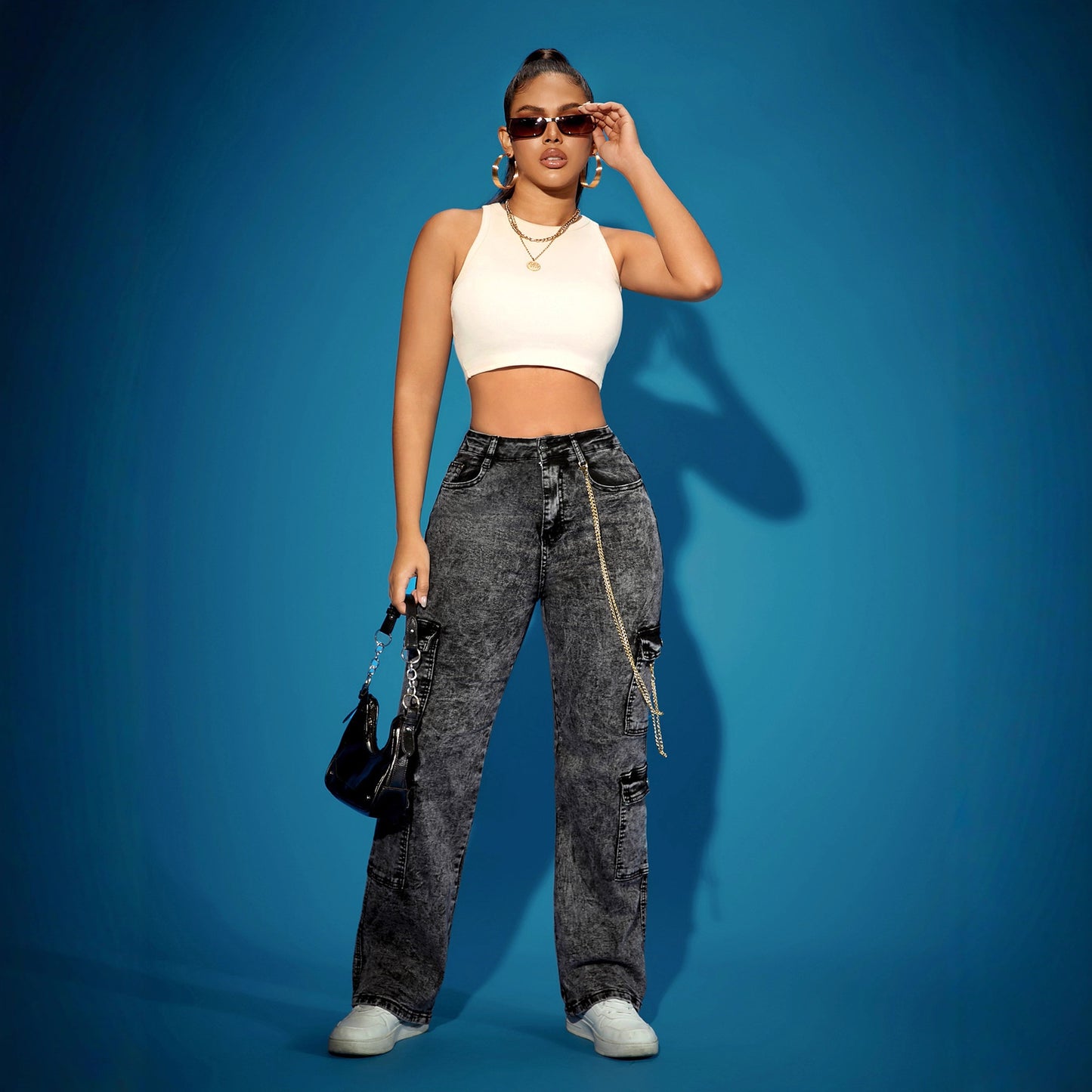 Women's Fashion High Elastic Cargo Denim Jeans