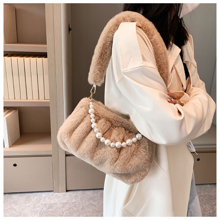 Women's Pearl Design Pleated Plush Fashion Underarm Shoulder Bags