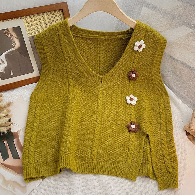 Artistic Retro Split Solid Color Three-dimensional Flower Loose Outer Women's Vest