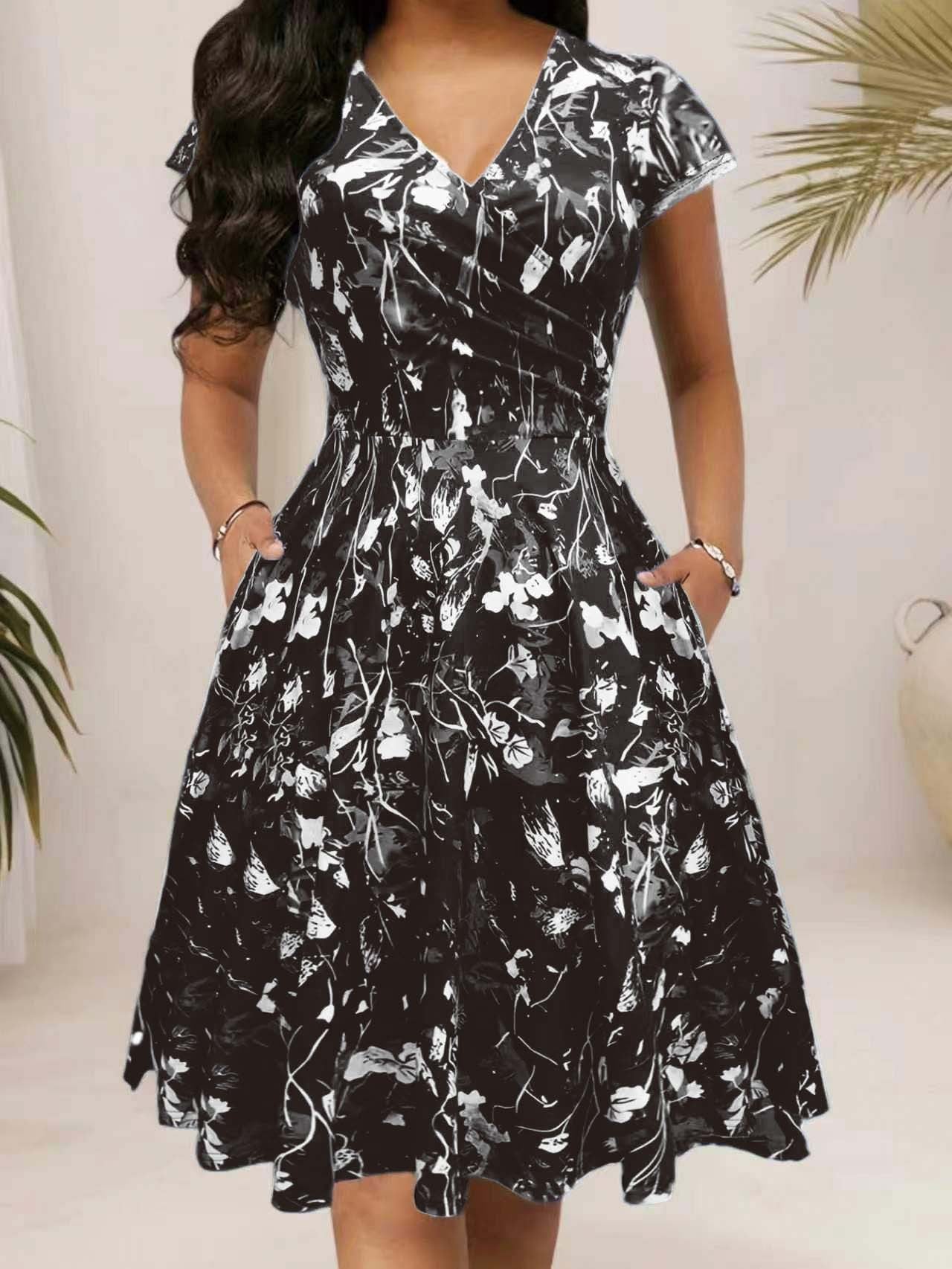 Women's Summer Pocket Sleeve Popular Floral Print Long Dress