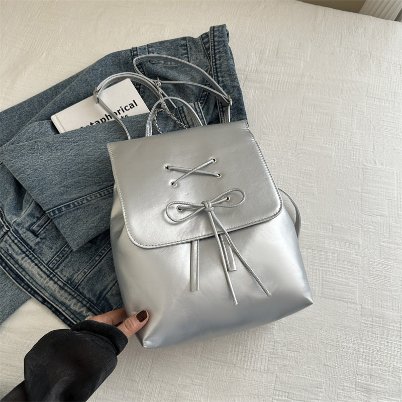 Women's Solid Color Simple Textured Bow Spring Backpacks