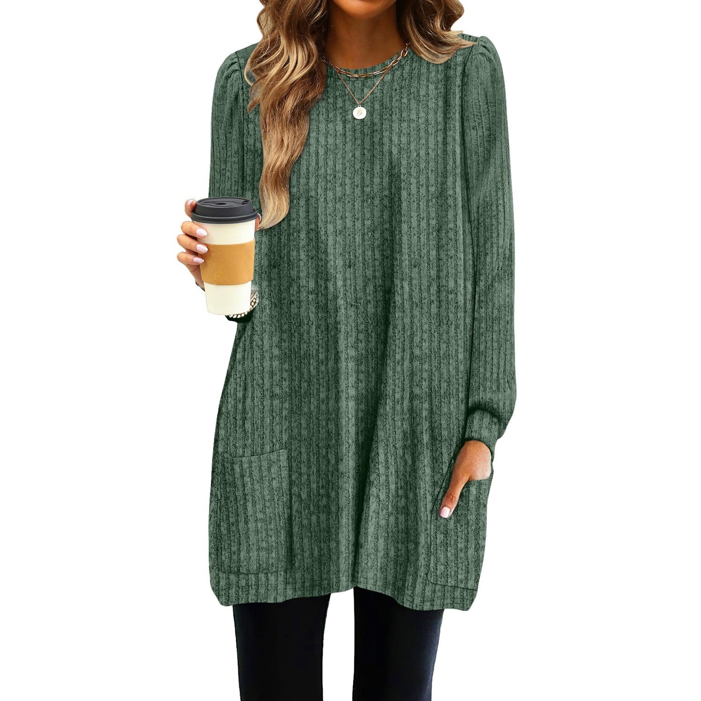 Pocket Lengthened Loose Casual Bubble Long-sleeved Women's T-shirt