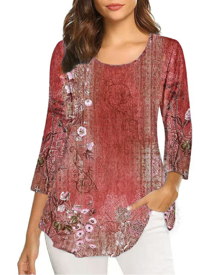 Autumn Three-quarter Sleeve Round Neck Printed Mid-length Bottoming Tops
