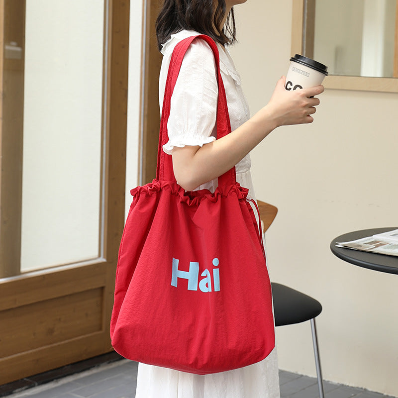 Women's Pleated Canvas Fashionable Letter Printed Drawstring Shoulder Bags