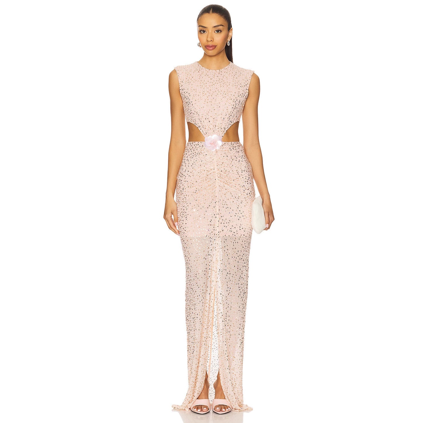 Rhinestone Sleeveless Midriff Outfit Flower Decoration Dresses