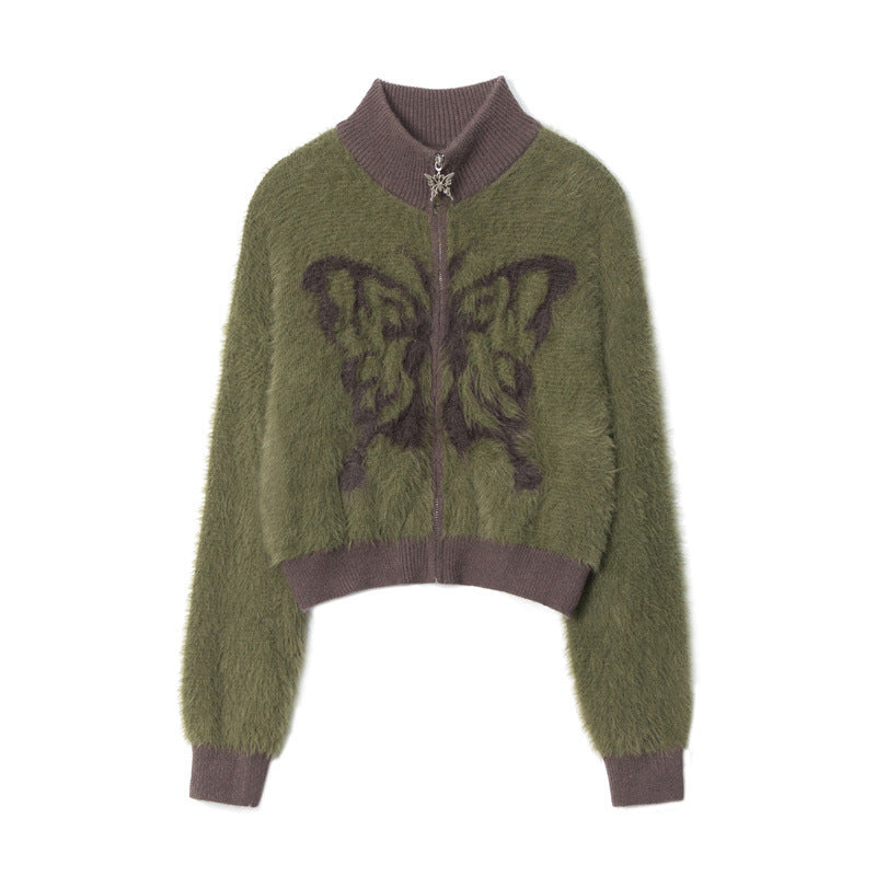 Mohair Stand Collar Butterfly Embroidery Zipper Sweaters