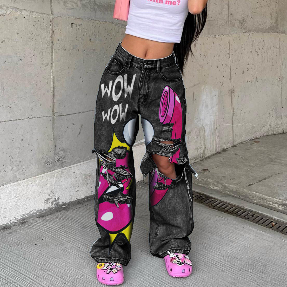 Women's Long High Waist Ripped Rough-edge Jeans