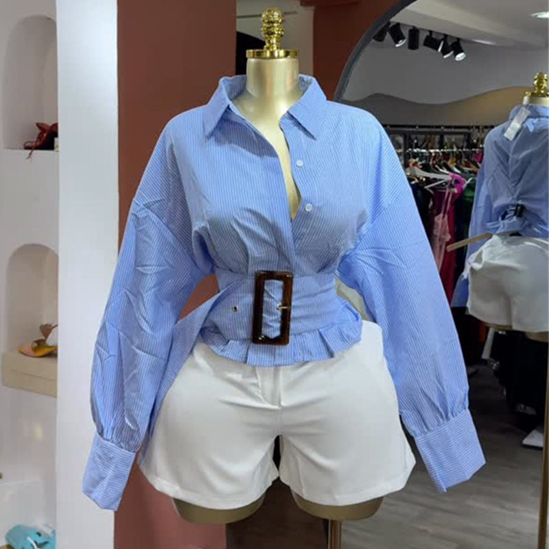 Women's Sense Lapel Waist Tight Knotted Striped Long Blouses
