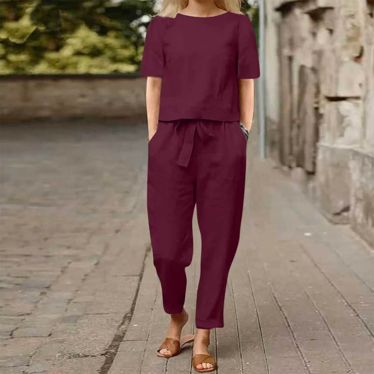 Women's Linen Summer Matching Half Sleeve Oversized Wide Leg Retro Two-piece Fashion Casual Suit
