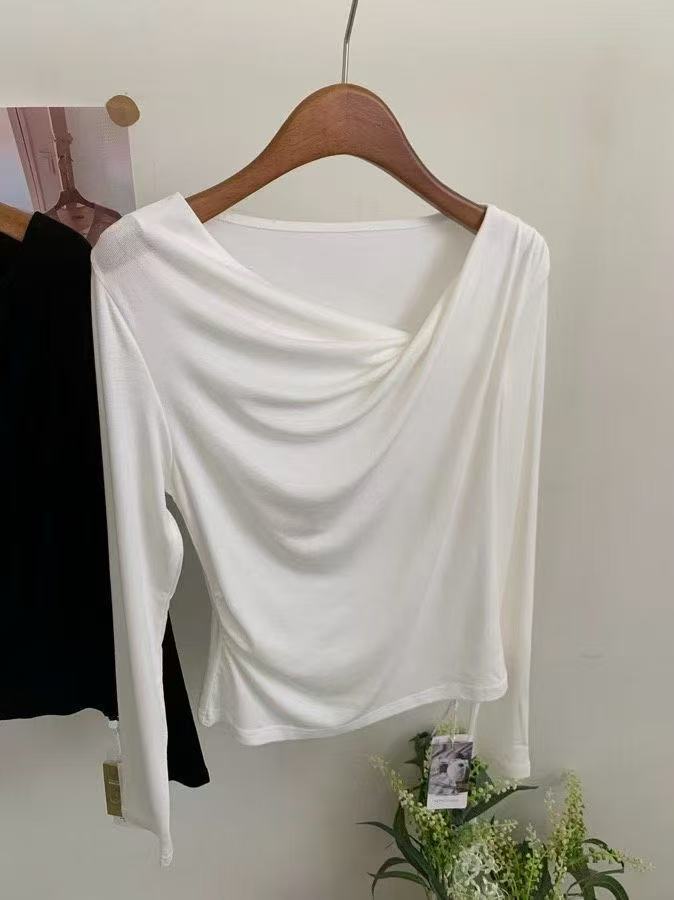 Women's Sexy Pleated Neckline White Bottoming Shirt Autumn Blouses