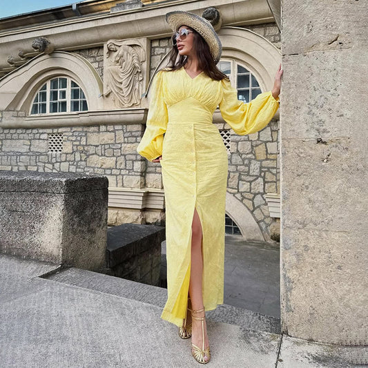 Solid Color Lace Long-sleeved Girdle Split Dresses