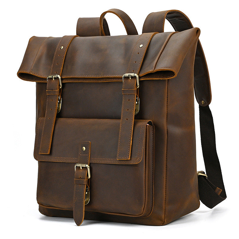 Men's Retro Crazy Horse Leather Cowhide Large Backpacks