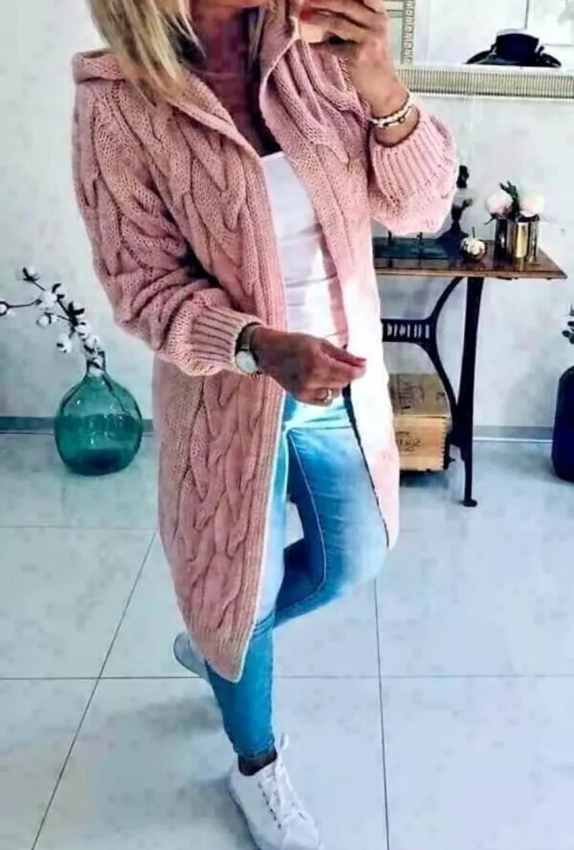 Hooded Pocket Knitted Solid Color Long Knitwear