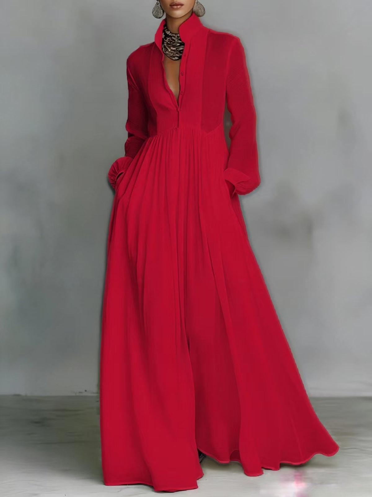 French Style Slimming Long Sleeve Pleated Elegant Retro Casual Dress