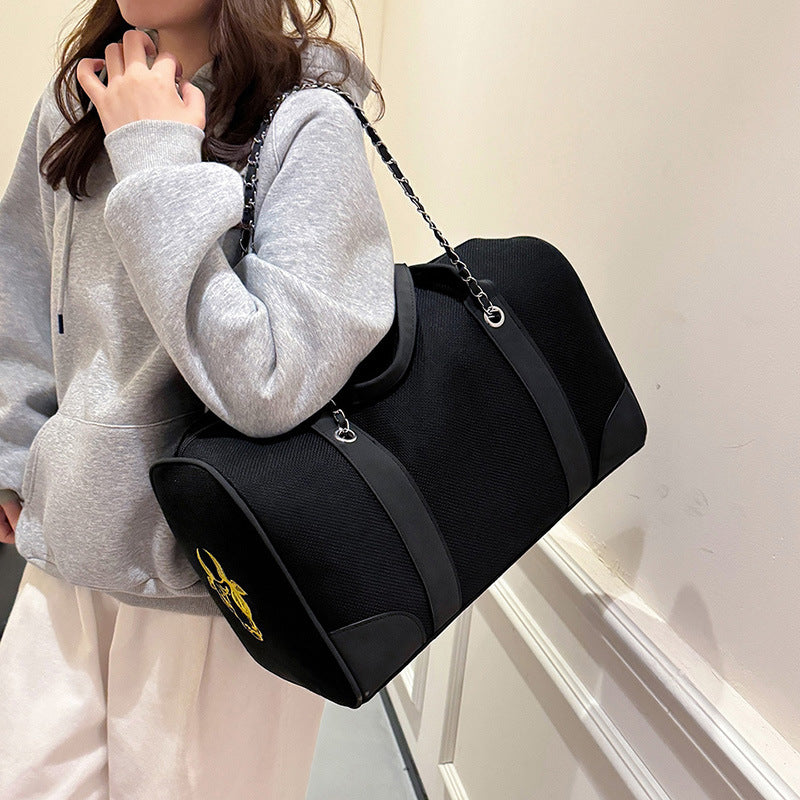 Women's Capacity Contrast Color Canvas Portable Embroidery Commuter Shoulder Bags