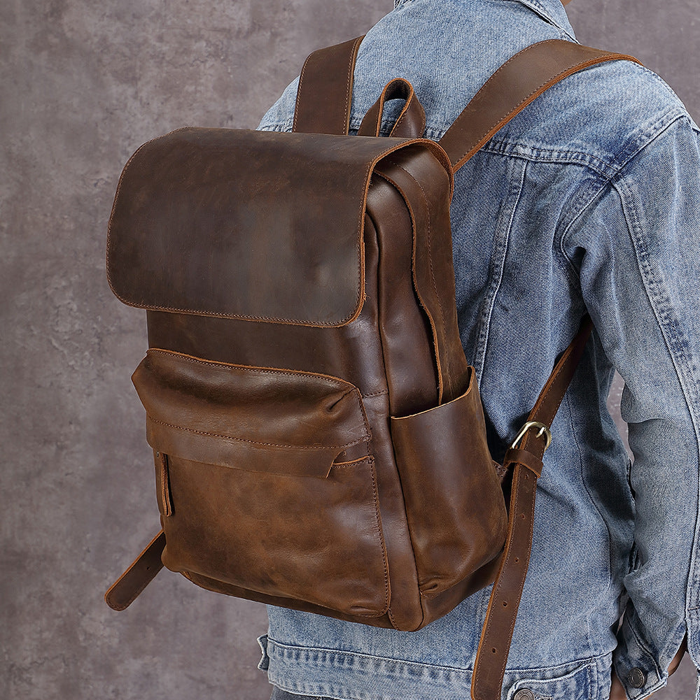 Men's Retro First Layer Cowhide Leather Computer Backpacks