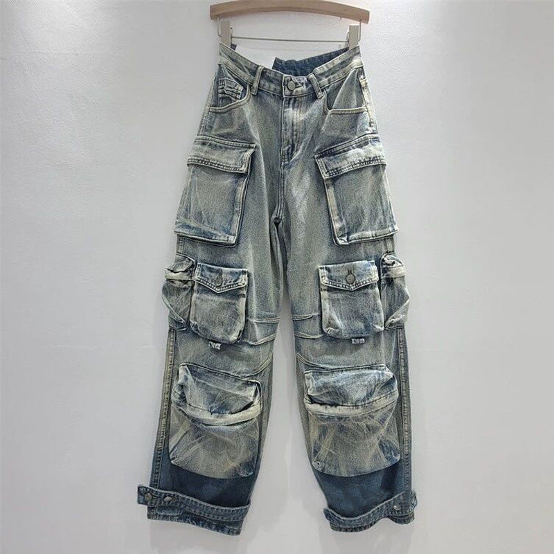 Women's Large Pocket Design Washed Gradient Tooling Paratrooper Jeans