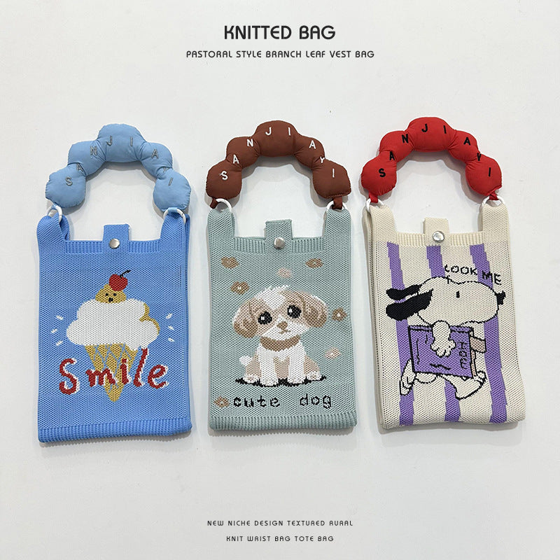 Women's Cartoon Puppy Knitted Mini Commute Portable Phone Bags