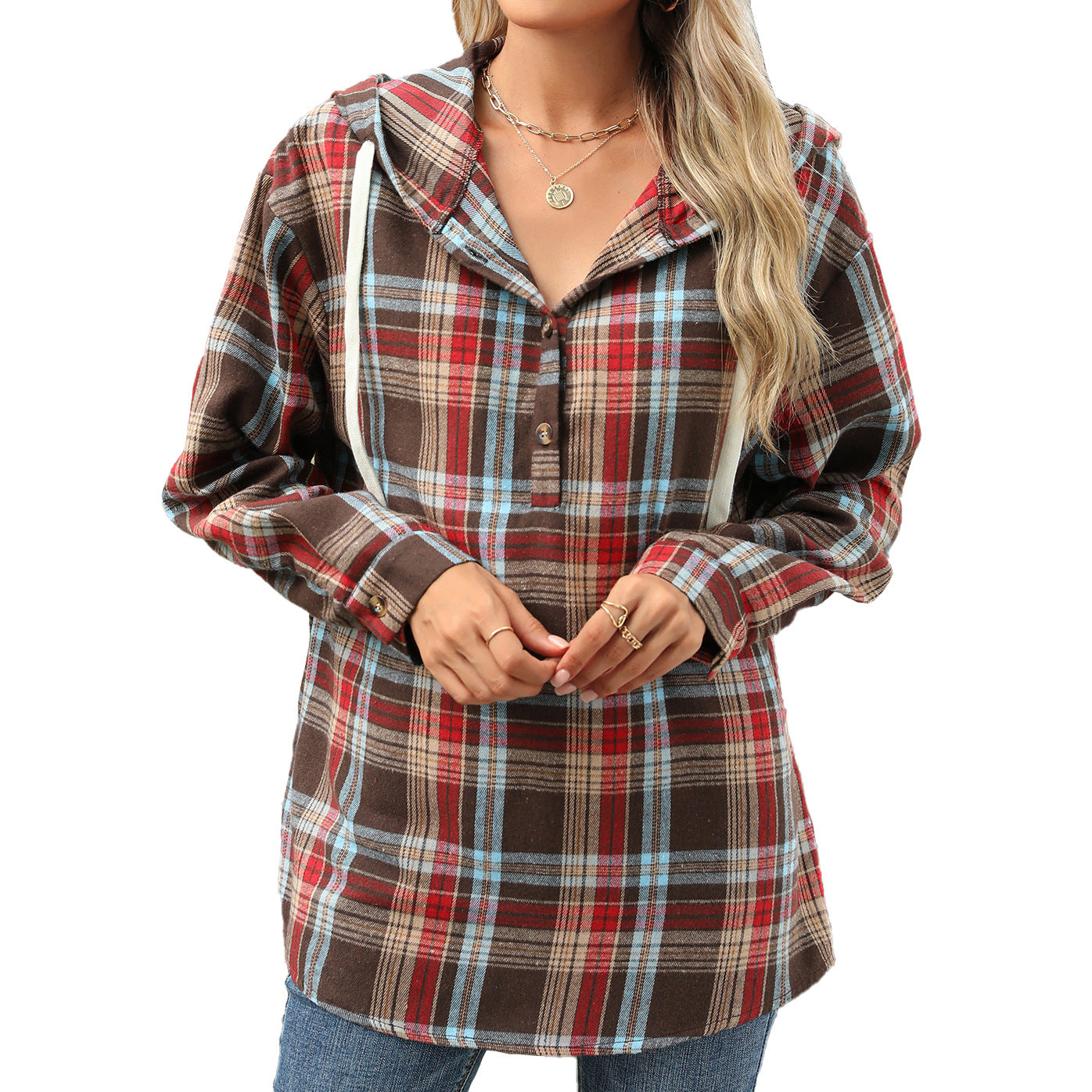 Women's Loose Long Sleeve Hooded Button Plaid Women's Sweater, Sweater
