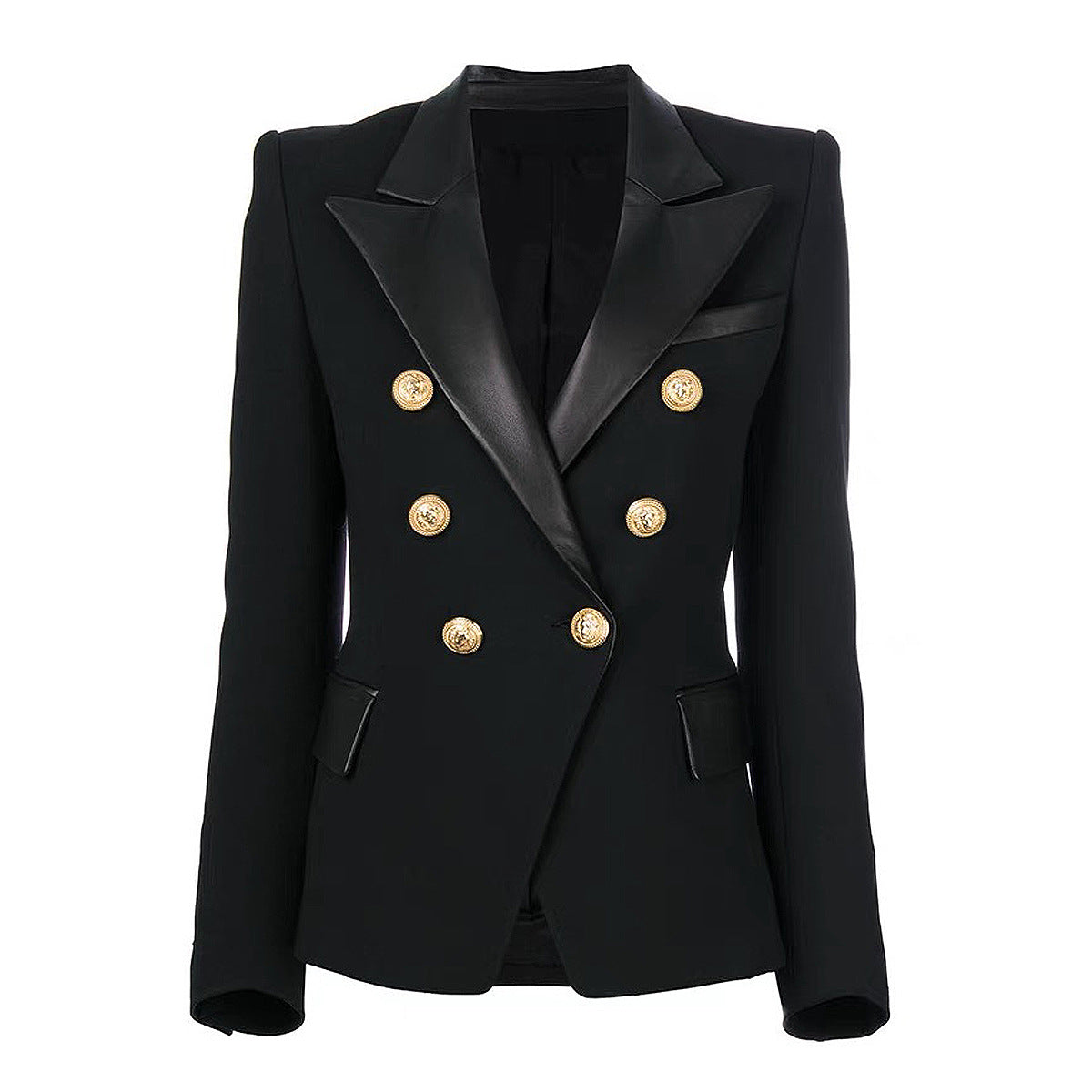 Women's Fashion Stitching Leather Long Sleeve Lapel Blazers
